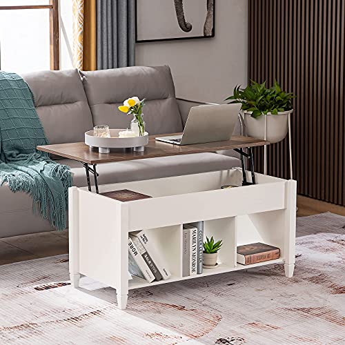 VINGLI Lift Top Coffee Table, White Coffee Table with Lift Top, Lift Up Coffee Table with Storage Shelf/Hidden Compartment, Gas Lift Coffee Table Mesa De Centro para Sala Pop Up Coffee Table