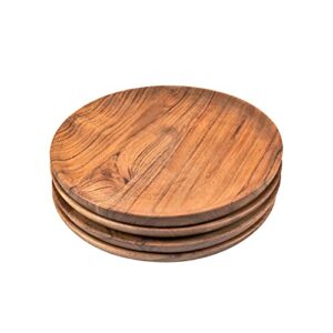 samhita acacia wood round wood plates set of 4, easy cleaning & lightweight for dishes snack, dessert.(7" x 7" x 1")
