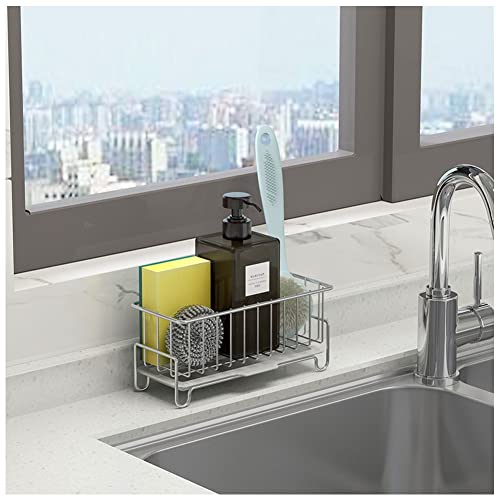 Kitchen Sink Caddy Organizer, Sponge Holder with Drain Pan, 304 Stainless Steel, for Sponges, Soap, Kitchen, Bathroom, Silver