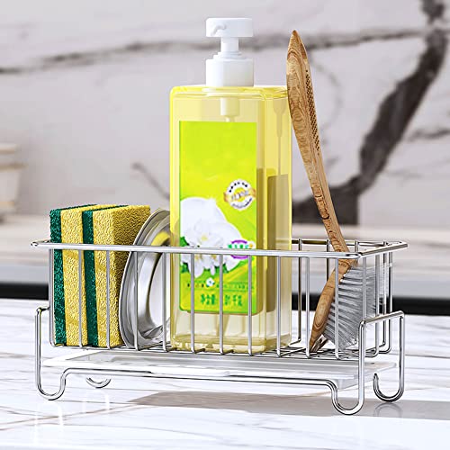 Kitchen Sink Caddy Organizer, Sponge Holder with Drain Pan, 304 Stainless Steel, for Sponges, Soap, Kitchen, Bathroom, Silver