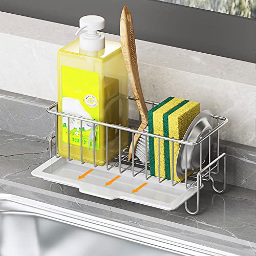 Kitchen Sink Caddy Organizer, Sponge Holder with Drain Pan, 304 Stainless Steel, for Sponges, Soap, Kitchen, Bathroom, Silver