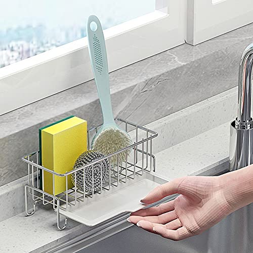 Kitchen Sink Caddy Organizer, Sponge Holder with Drain Pan, 304 Stainless Steel, for Sponges, Soap, Kitchen, Bathroom, Silver