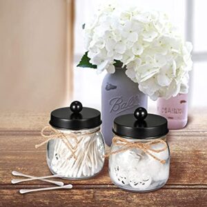 Mason Jar Bathroom Accessories Set, Glass Qtip Holder Dispenser for Cotton Swabs with Black Stainless Steel Lid, Rustic Mason Jar Cotton Ball/Swabs/Rounds Holder Farmhouse (Black, 2-Pack)