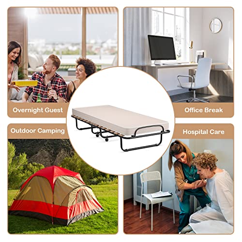 GOFLAME Rollaway Folding Bed with Soft Memory Foam Mattress, Portable Sleeper Bed Cot Size with Metal Frame for Adults, Guest Bed for Spare Bedroom and Office (Beige)