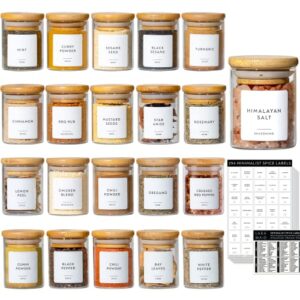 laramaid 2.5oz 20packs glass jars set, cylinder spice jars with bamboo lids and customized labels, food storage container canisters for home kitchen, spice, herbs, seasoning, seed, tea, sugar, salt