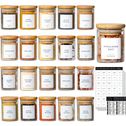 Laramaid 2.5oz 20Packs Glass Jars Set, Cylinder Spice Jars with Bamboo Lids and Customized Labels, Food Storage Container Canisters for Home Kitchen, Spice, Herbs, Seasoning, Seed, Tea, Sugar, Salt