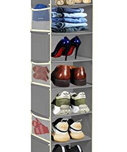 roomtalk Large-Sized Hanging Shoe Organizer 8-Shelves, Hanging Closet Clothes Organizer with 8 Side Pockets, Wider Hanging Shoe Shelves, Shoe Rack Closet, Shoe Hanger 9" W × 11.8" D× 48" H, Grey