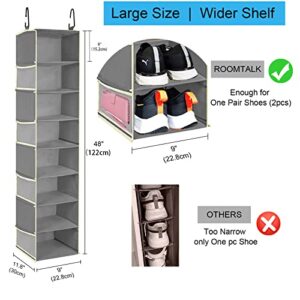 roomtalk Large-Sized Hanging Shoe Organizer 8-Shelves, Hanging Closet Clothes Organizer with 8 Side Pockets, Wider Hanging Shoe Shelves, Shoe Rack Closet, Shoe Hanger 9" W × 11.8" D× 48" H, Grey