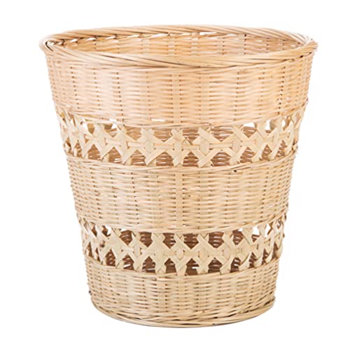 Yardwe Bamboo Woven Wastebasket Round Trash Can Wicker Waste Basket Garbage Container Bin for Bathrooms Kitchens Home Offices (Wood Color)