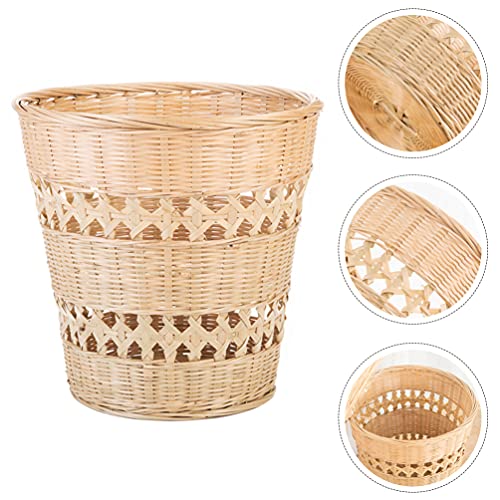 Yardwe Bamboo Woven Wastebasket Round Trash Can Wicker Waste Basket Garbage Container Bin for Bathrooms Kitchens Home Offices (Wood Color)