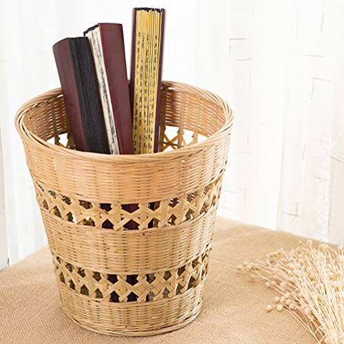 Yardwe Bamboo Woven Wastebasket Round Trash Can Wicker Waste Basket Garbage Container Bin for Bathrooms Kitchens Home Offices (Wood Color)
