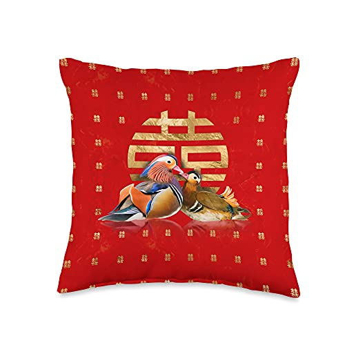 Creativemotions Mandarin Ducks and Double Happiness Symbol Throw Pillow, 16x16, Multicolor