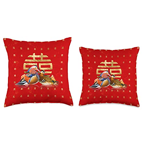 Creativemotions Mandarin Ducks and Double Happiness Symbol Throw Pillow, 16x16, Multicolor