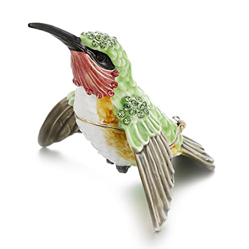 Hand Painted Enamel Hummingbird Trinket Box Hinged Jewelry Organizer with Crystals Ring Earrings Storage Home Decor Figurine Keepsake Collectible Personalized Elegant Handmade Ornament (Hummingbird-1)