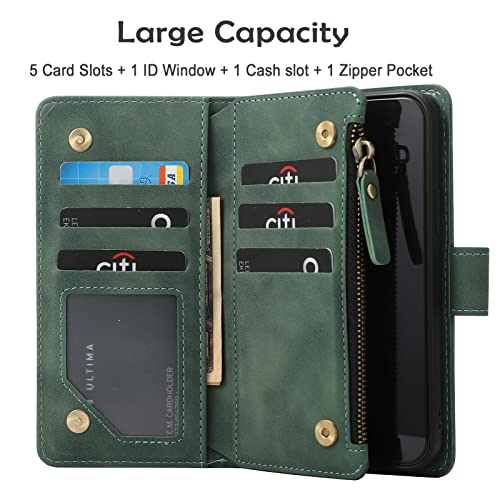 RANYOK Wallet Case Compatible with iPhone 13 (6.1 inch), Premium PU Leather Zipper Folio Wallet RFID Blocking with Wrist Strap Magnetic Closure Built-in Kickstand Protective Case (Black Green)