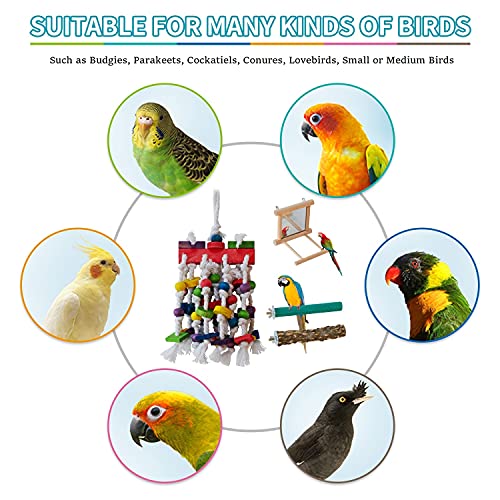 VECELA Parrot Toys, Bird Parrot Toys Set - Parrot Chewing Toys Knots Blocks, Parrot Mirror, Bird Perches - Bird Cage Toys for Budgies, Parakeets, Cockatiels, Conures, Lovebirds, Small or Medium Birds