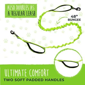 Mighty Paw Hands Free Bungee Leash 2.0 | 4’ Dog Lead W/Dual Padded Traffic Handles for Running, Hiking & Jogging. Wearable Belt (27-48” Waistband) W/ 2 Attachment Loops. Pets Up to 150lb (Green)