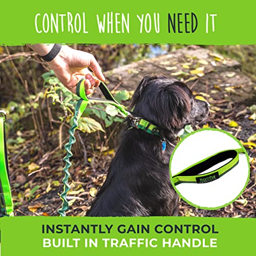 Mighty Paw Hands Free Bungee Leash 2.0 | 4’ Dog Lead W/Dual Padded Traffic Handles for Running, Hiking & Jogging. Wearable Belt (27-48” Waistband) W/ 2 Attachment Loops. Pets Up to 150lb (Green)