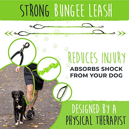 Mighty Paw Hands Free Bungee Leash 2.0 | 4’ Dog Lead W/Dual Padded Traffic Handles for Running, Hiking & Jogging. Wearable Belt (27-48” Waistband) W/ 2 Attachment Loops. Pets Up to 150lb (Green)