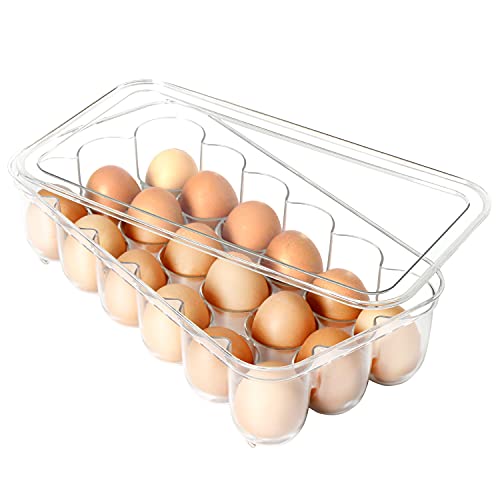 Youngever Plastic Egg Holder, Clear Fridge Organizer with Lid and Handles, 18 Eggs Tray