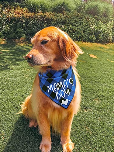 YHTWIN Mama's Boy Blue Plaid Cotton Pet Dog Bandanas, Gender Reveal Photo Pet Scarf Scarves, Dog Birthday Party Decorations Accessories Props for Pet Dog Master Lovers Gift
