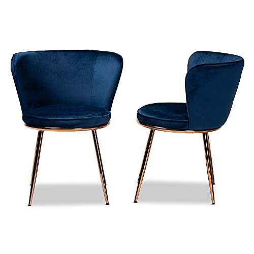 Baxton Studio Farah Modern Luxe and Glam Navy Blue Velvet Fabric Upholstered and Rose Gold Finished Metal 2-Piece Dining Chair Set