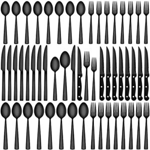 72-piece black silverware sets for 12 with steak knives, cekee stainless steel black flatware set for 12, kitchen utensils sets for home restaurant hotel, mirror polished & heavy duty cutlery set