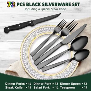 72-Piece Black Silverware Sets for 12 with Steak Knives, CEKEE Stainless Steel Black Flatware Set for 12, Kitchen Utensils Sets for Home Restaurant Hotel, Mirror Polished & Heavy Duty Cutlery Set