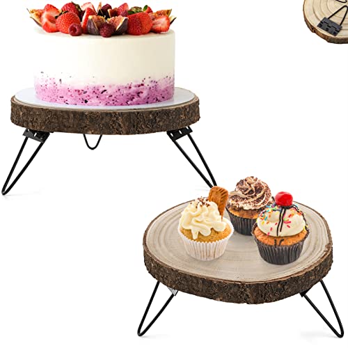 DEAYOU 2 Pack 10" Wood Cake Stand, Wooden Cupcake Pedestal, Paulownia Wood Slice Stand with Hairpin Metal Leg, Rustic Wedding Cake Holder Serving Tray for Display, Dessert Table, Candle, Plant, Decor