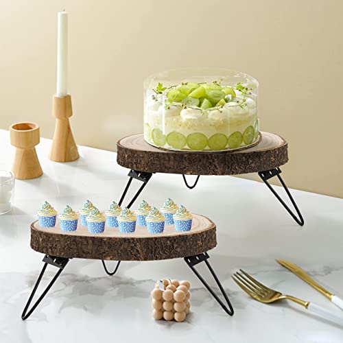 DEAYOU 2 Pack 10" Wood Cake Stand, Wooden Cupcake Pedestal, Paulownia Wood Slice Stand with Hairpin Metal Leg, Rustic Wedding Cake Holder Serving Tray for Display, Dessert Table, Candle, Plant, Decor