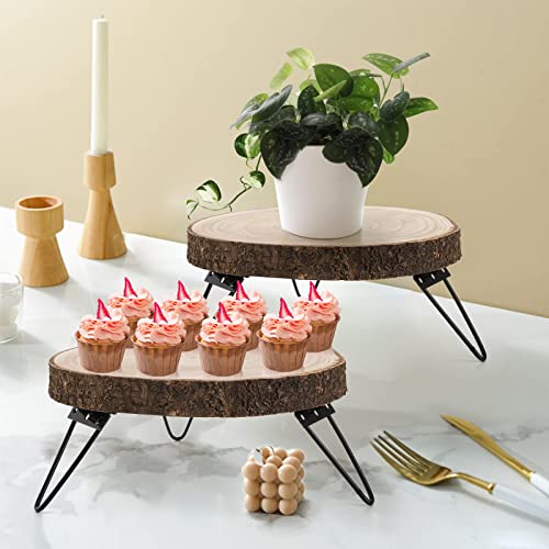 DEAYOU 2 Pack 10" Wood Cake Stand, Wooden Cupcake Pedestal, Paulownia Wood Slice Stand with Hairpin Metal Leg, Rustic Wedding Cake Holder Serving Tray for Display, Dessert Table, Candle, Plant, Decor