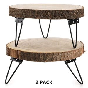 DEAYOU 2 Pack 10" Wood Cake Stand, Wooden Cupcake Pedestal, Paulownia Wood Slice Stand with Hairpin Metal Leg, Rustic Wedding Cake Holder Serving Tray for Display, Dessert Table, Candle, Plant, Decor