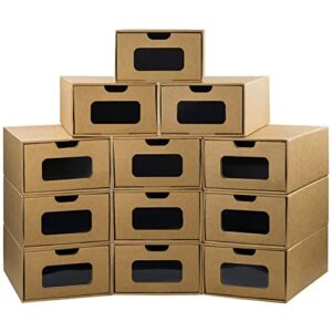 Cardboard Shoe Storage Boxes, 12 pack, Medium(Maximum Size: Men's 10, Women's 12), Stackable Shoe Boxes, Waterproof Cardboard shoe box, Sturdy, Easy to Assemble, Shoe organizer with Transparent Window.