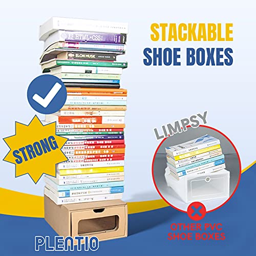 Cardboard Shoe Storage Boxes, 12 pack, Medium(Maximum Size: Men's 10, Women's 12), Stackable Shoe Boxes, Waterproof Cardboard shoe box, Sturdy, Easy to Assemble, Shoe organizer with Transparent Window.