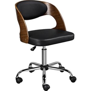 yaheetech adjustable office chair armless desk chair walnut wood finish computer chair bent wooden desk chair height adjustable 360° swivel draft chair with leather seat, black
