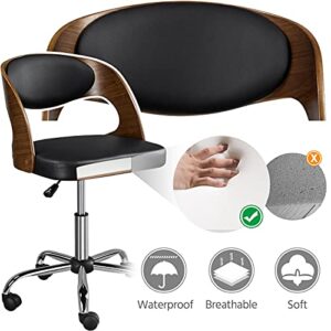 Yaheetech Adjustable Office Chair Armless Desk Chair Walnut Wood Finish Computer Chair Bent Wooden Desk Chair Height Adjustable 360° Swivel Draft Chair with Leather Seat, Black