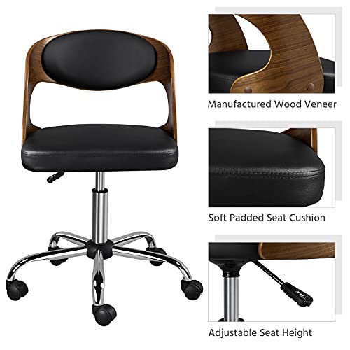 Yaheetech Adjustable Office Chair Armless Desk Chair Walnut Wood Finish Computer Chair Bent Wooden Desk Chair Height Adjustable 360° Swivel Draft Chair with Leather Seat, Black