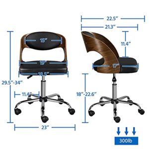 Yaheetech Adjustable Office Chair Armless Desk Chair Walnut Wood Finish Computer Chair Bent Wooden Desk Chair Height Adjustable 360° Swivel Draft Chair with Leather Seat, Black