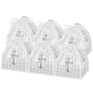 lemeso 50 pcs baptism favor boxes laser cut candy boxes with 50 ribbons and 50 pcs crux tag, great for wedding, baptism party, baby shower, anniversary, small gift candy favor boxes