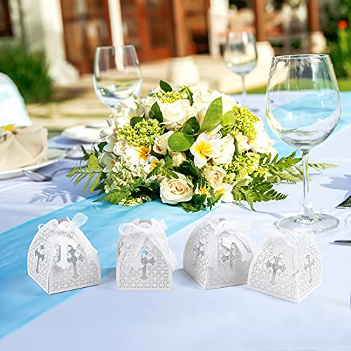 LEMESO 50 Pcs Baptism Favor Boxes Laser Cut Candy Boxes with 50 Ribbons and 50 Pcs Crux Tag, Great for Wedding, Baptism Party, Baby Shower, Anniversary, Small Gift Candy Favor Boxes