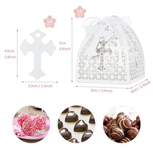 LEMESO 50 Pcs Baptism Favor Boxes Laser Cut Candy Boxes with 50 Ribbons and 50 Pcs Crux Tag, Great for Wedding, Baptism Party, Baby Shower, Anniversary, Small Gift Candy Favor Boxes