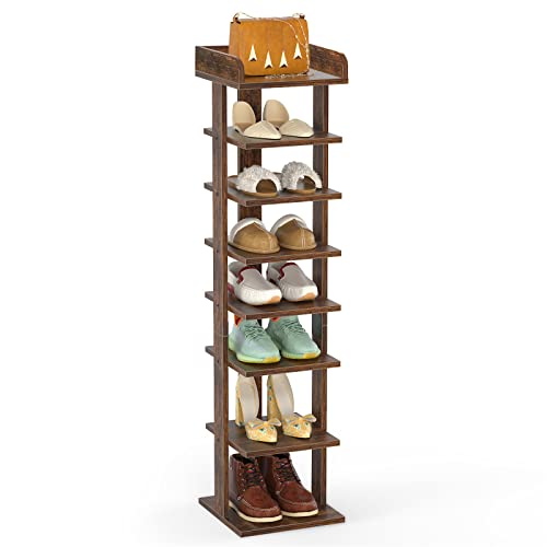 Flydem Vertical shoe rack tower slim entryway stand narrow tall 8 Tiers wooden modern organizer saving space storage (color:Rustic brown)