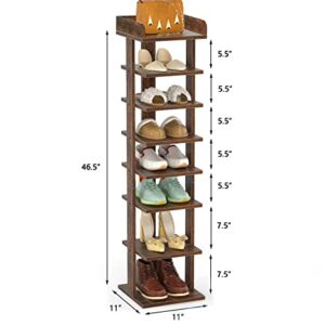 Flydem Vertical shoe rack tower slim entryway stand narrow tall 8 Tiers wooden modern organizer saving space storage (color:Rustic brown)