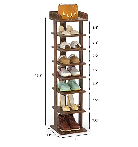 Flydem Vertical shoe rack tower slim entryway stand narrow tall 8 Tiers wooden modern organizer saving space storage (color:Rustic brown)