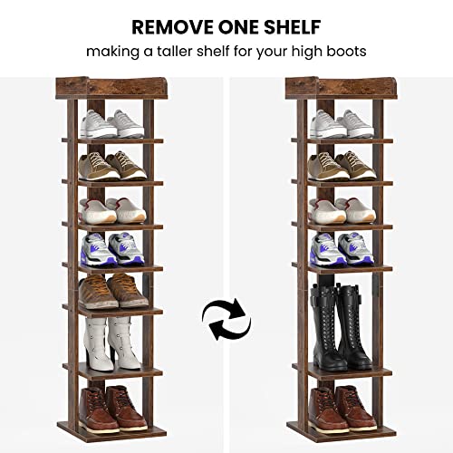 Flydem Vertical shoe rack tower slim entryway stand narrow tall 8 Tiers wooden modern organizer saving space storage (color:Rustic brown)