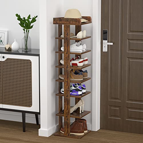 Flydem Vertical shoe rack tower slim entryway stand narrow tall 8 Tiers wooden modern organizer saving space storage (color:Rustic brown)