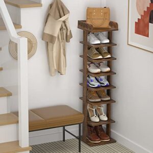 Flydem Vertical shoe rack tower slim entryway stand narrow tall 8 Tiers wooden modern organizer saving space storage (color:Rustic brown)