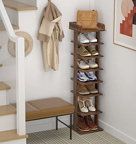 Flydem Vertical shoe rack tower slim entryway stand narrow tall 8 Tiers wooden modern organizer saving space storage (color:Rustic brown)