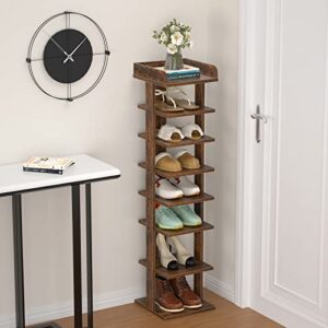 Flydem Vertical shoe rack tower slim entryway stand narrow tall 8 Tiers wooden modern organizer saving space storage (color:Rustic brown)