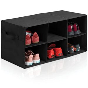 freestanding shoe organizer no tools required 6 big sections fits men's shoes, compact for entryways, closets also ideal for accessories, durable cardboard covered with smooth fabric foldable straps